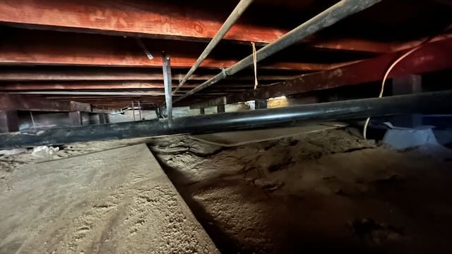 Crawl space inspection of floor joists and subfloor for wood damage